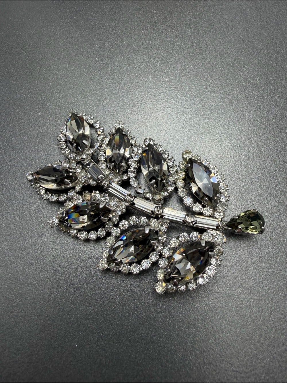 Albert Weiss Smoky Gray and Clear Crystal Leaf Brooch #7we